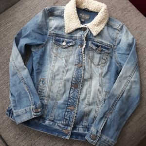 Distressed denim fleece trimmed jacket